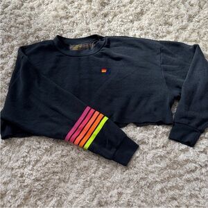 Black Cropped Aviator Nation Sweatshirt with Neon Stripe Sleeve